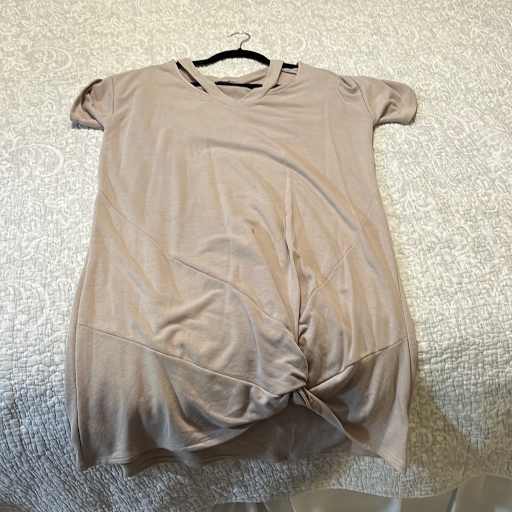Beige T shirt dress with front knot tie